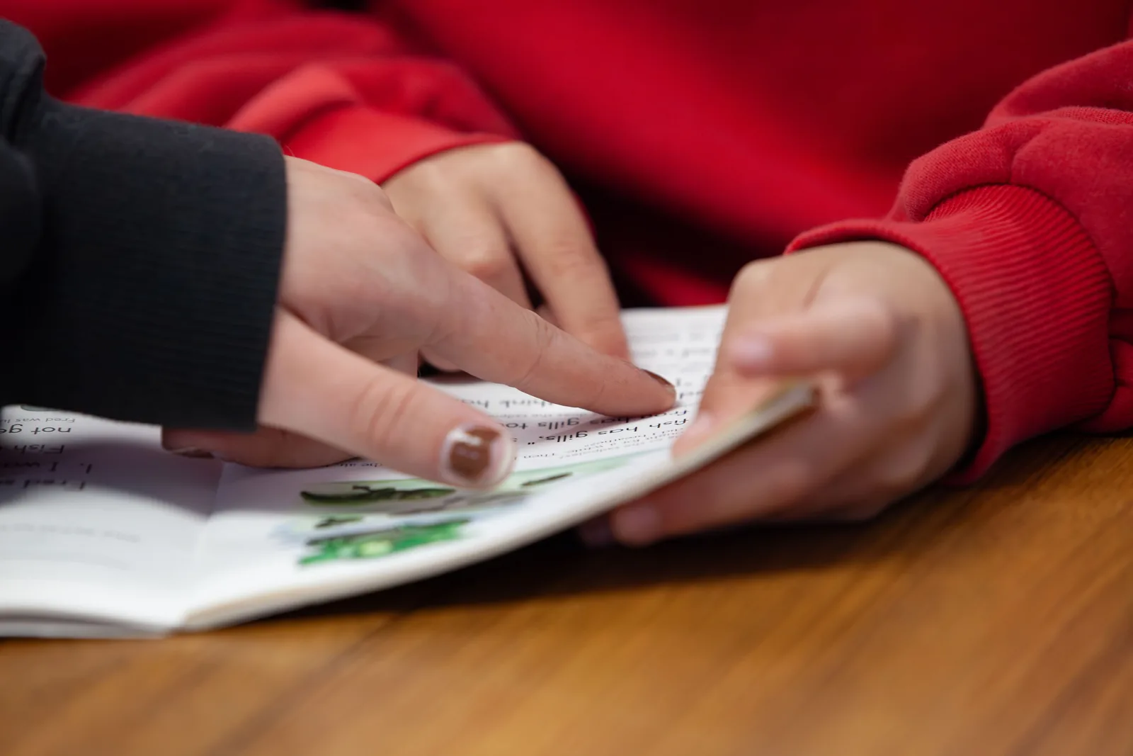 A volunteer and student following the words in a book together